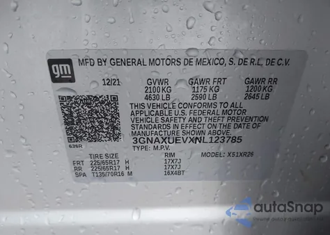 2022 Chevrolet Equinox Awd Lt z USA, uszkodzony, nr VIN 3GNAXUEVXNL123785